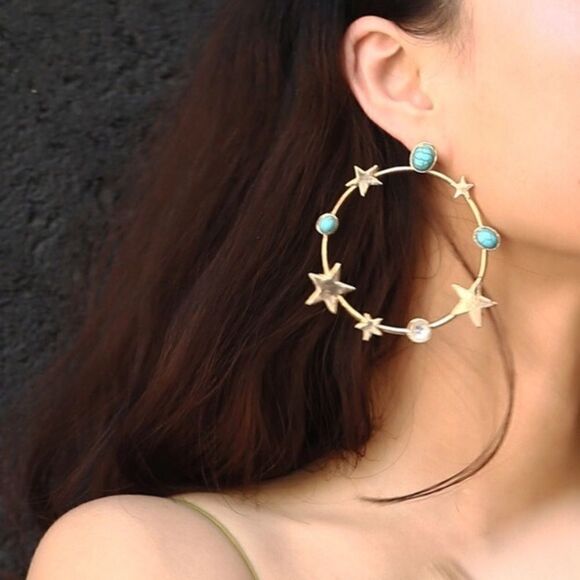 Celestial Star Turquoise Crystal Gold Tone Constellation Hoop Earrings NWT - Picture 2 of 6